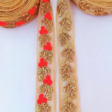 Beige Net Lace Trim With Beautiful Red / Beige And Gold Floral Embroidery, Embroidered Lace, Approx. 30mm wide